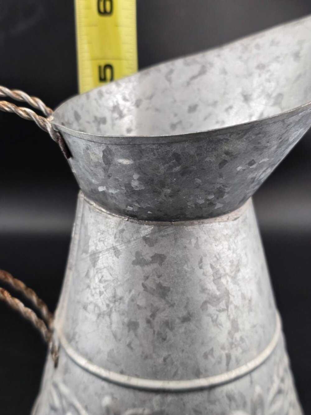 Galvanized Metal Pitcher With Embossed Floral Design & Twisted Handle - Picture 12 of 15